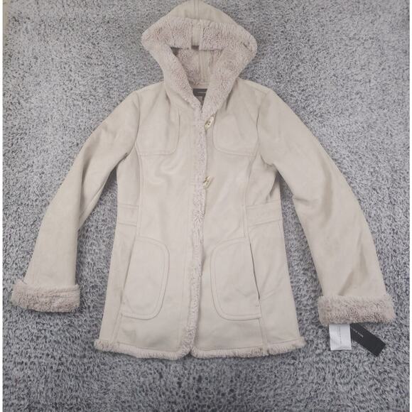Womens Medium Penny Lane Coat Cream Hooded Faux Suede Fur Jones New York